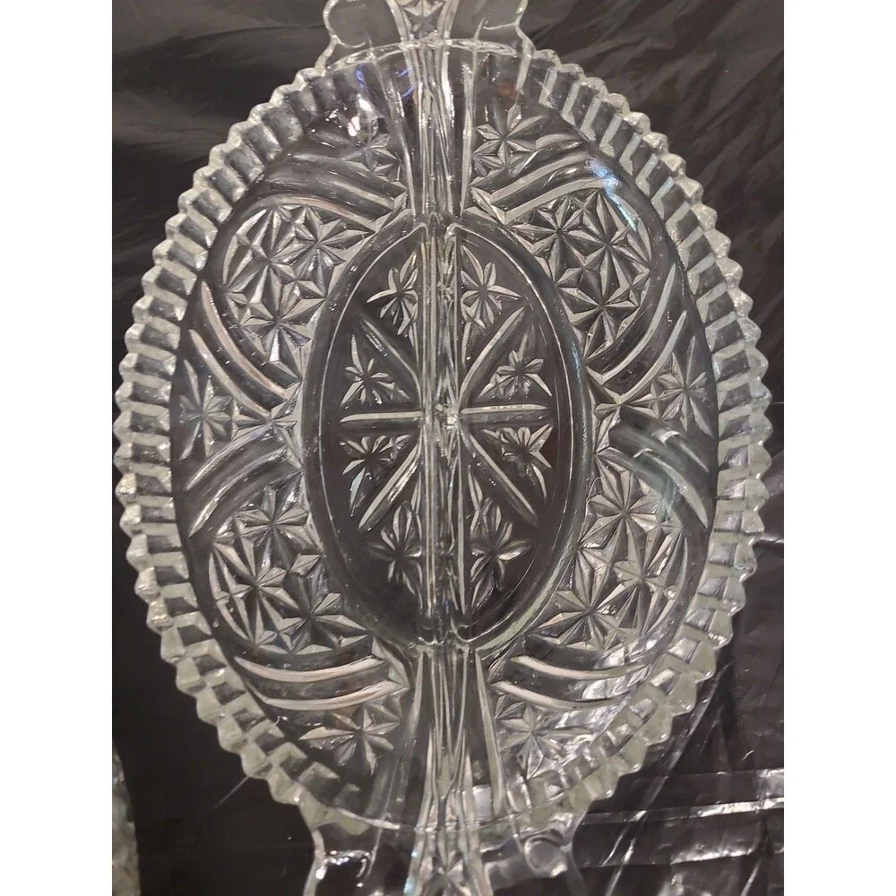 (2) MCM Vintage Anchor Hocking Pressed Glass Crystal Relish Serving Dishes Trays